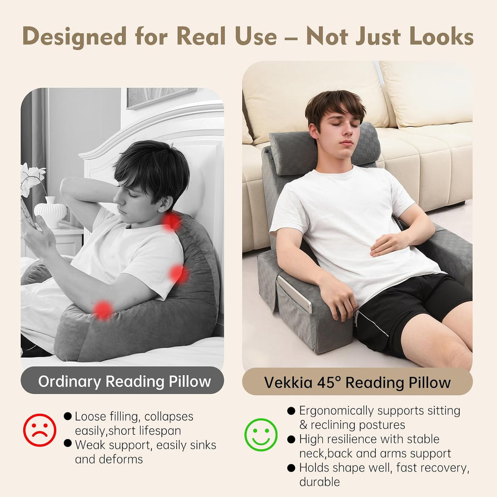 Vekkia 21" Reading Pillow with Arms and Headrest – Tall Back Support Cushion for Adults, Multi-Density Foam, Removable Cover & XL Side…
