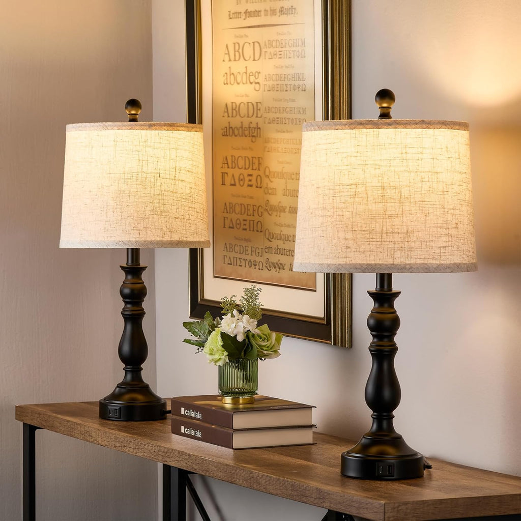 23'' Farmhouse Table Lamps for Living Room Set of 2 with USB C+A Ports, Retro Bedside Lamp for Bedroom, Office, Dining Room, Knob Switch…