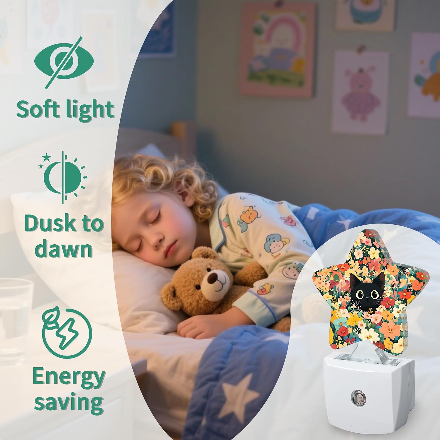 Star Night Light Plug in, Flower Cat Dusk to Dawn Sensor Night Light, Soft Glow Lamp for Kids Bedroom Nursery Hallway Bathroom, Energy…