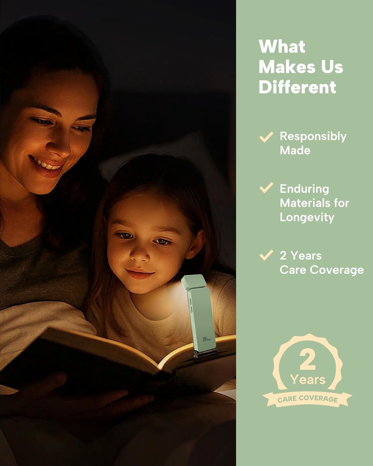 86Lux Book Light, Rechargeable Clip-On LED Reading Light for Bed & Night Use - 3 Color Temperatures with Stepless Dimming, Ultralight Bookm…