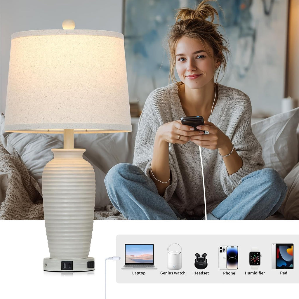 CINSARY 25" Vintage Farmhouse Jar Table Lamps, Single Rustic Bedside Lamp with USB A+C Ports & AC Outlet, Nightstand Lamps for Living…