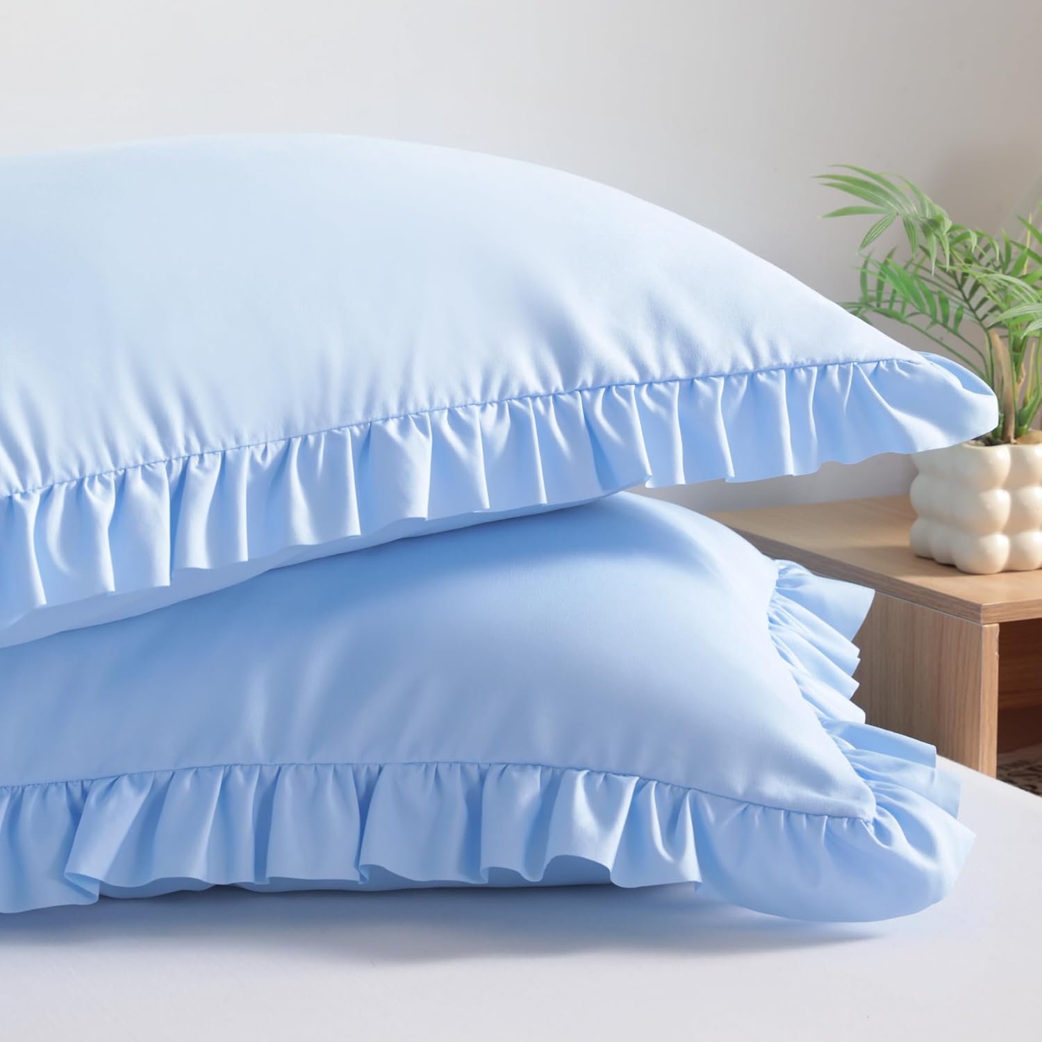 Bedsum Ruffled Pillow Shams Queen 20x30 Set of 2, Brushed Microfiber Pillowcases with Envelope Closure, Soft Wrinkle-Resistant, Sky Blue Bl…