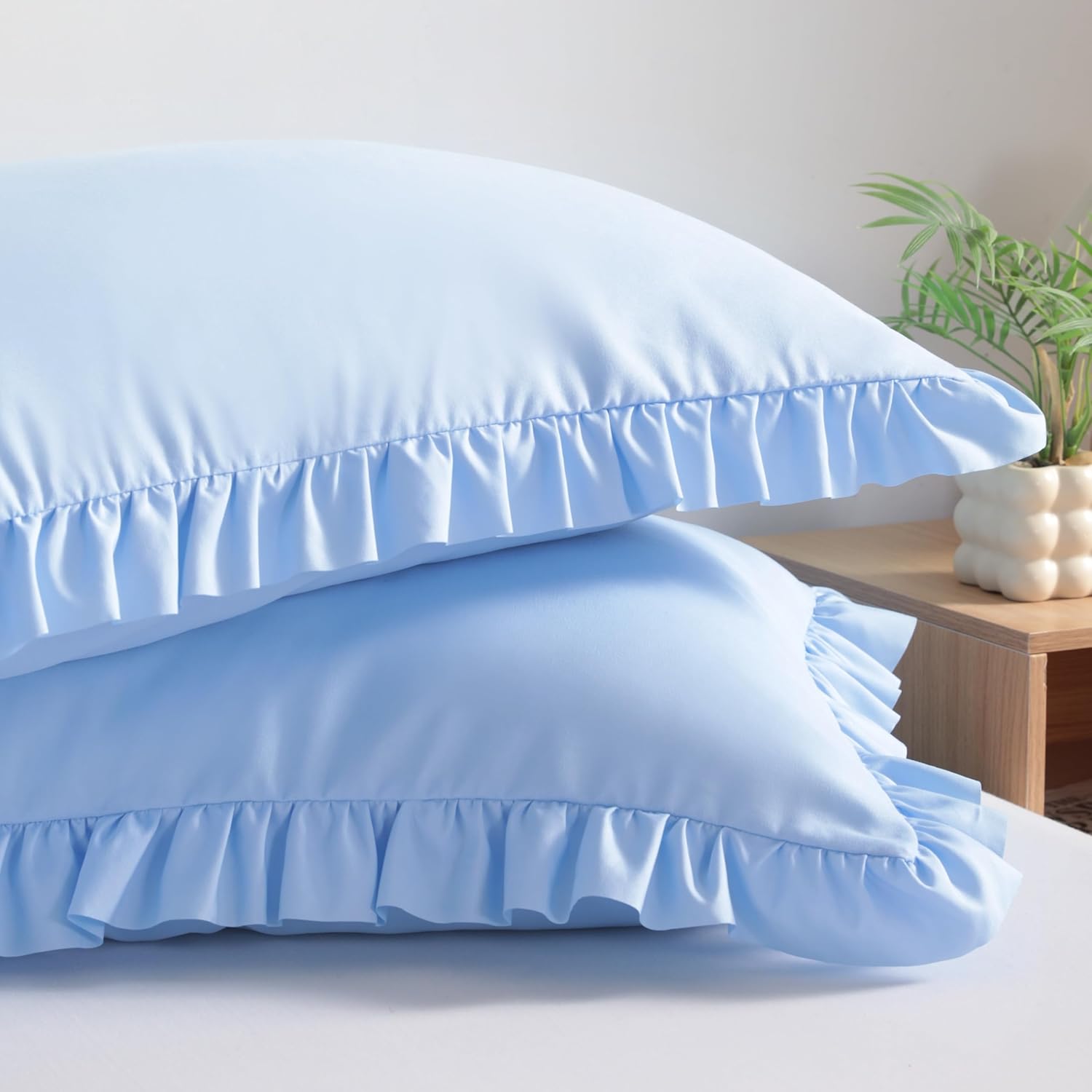 Bedsum Ruffled Pillow Shams King 20x36 Set of 2, Brushed Microfiber Pillowcases with Envelope Closure, Soft Wrinkle-Resistant, Sky Blue Blue