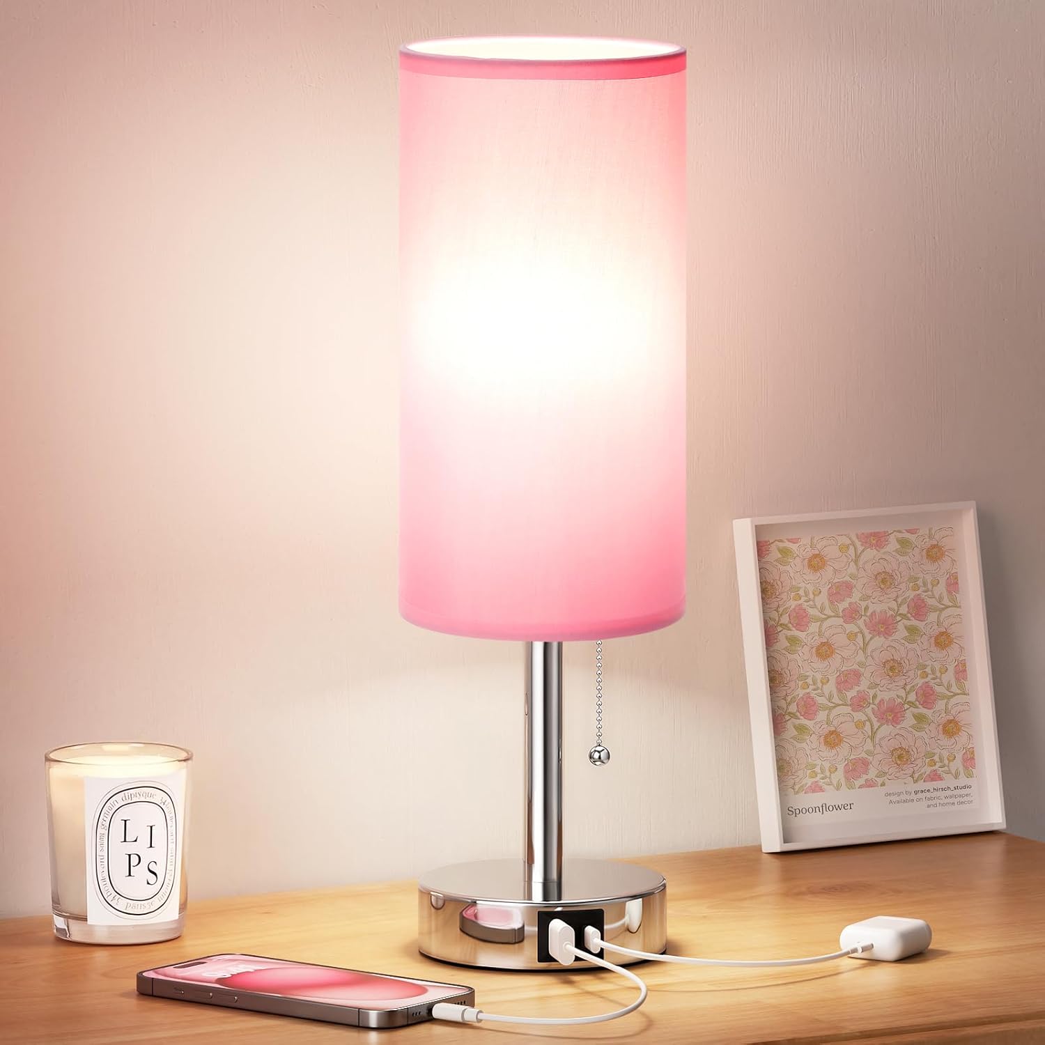 Dicoool Small Bedside Table Lamp for Bedroom, Pink Nightstand Lamp for Girls Kids, 3 Color Temperatures & USB Charging Port, Cute Desk…