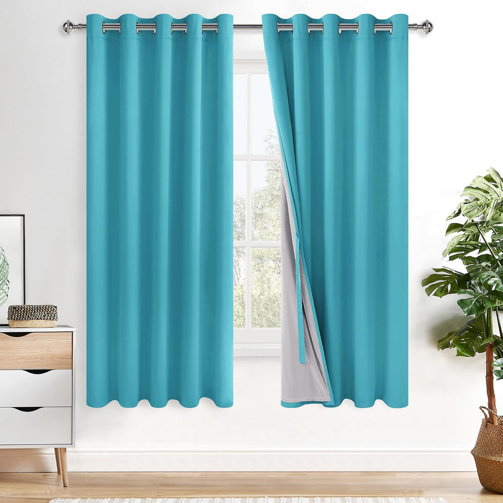 Xwzo 100% Blackout Curtains 63 Inches Length with Tiebacks - Heat and Light Blocking Ring Top Window Drapes with Black Liner Backing for Be…