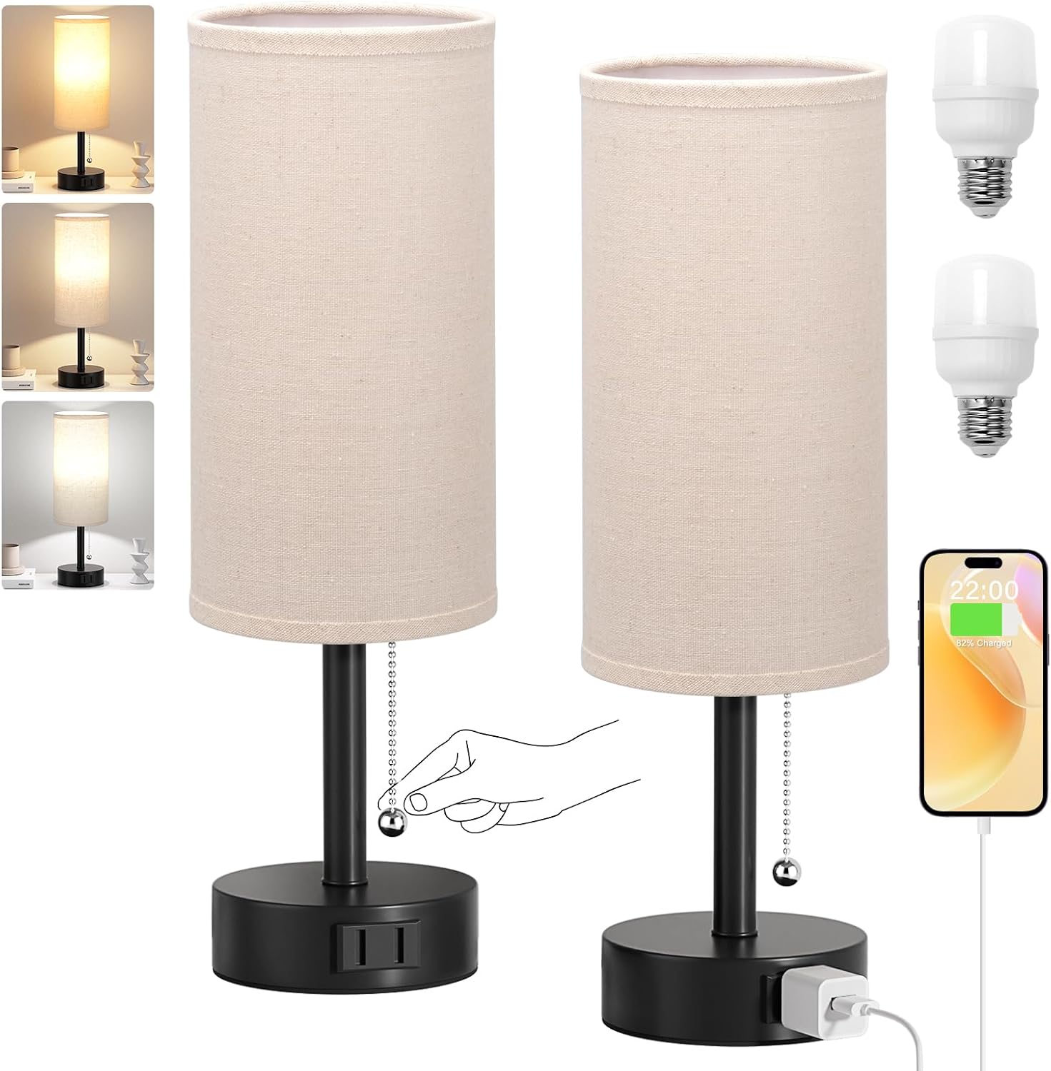 Fenmzee Bedside Table Lamps Set of 2-3 Color Temperatures Pull Chain Lamp with AC Outlet Charging Port, Round Night Stand Lamps for…