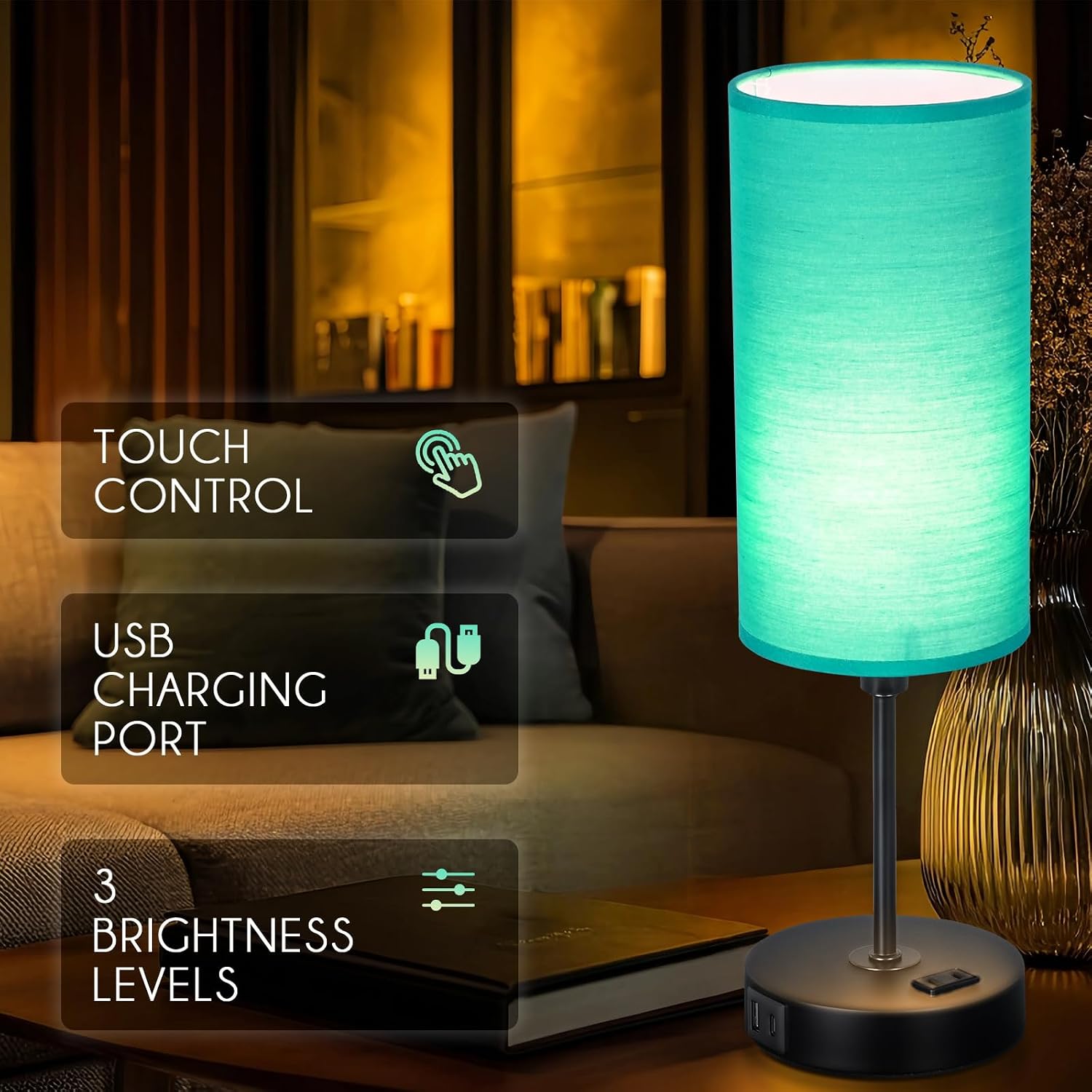Table Lamp with USB Port - Teal Desk Lamp, Green Touch Lamp, Bedside Lamps, 3 Way Dimmable Small Lamps for Bedroom, Nightstand, Nursery…