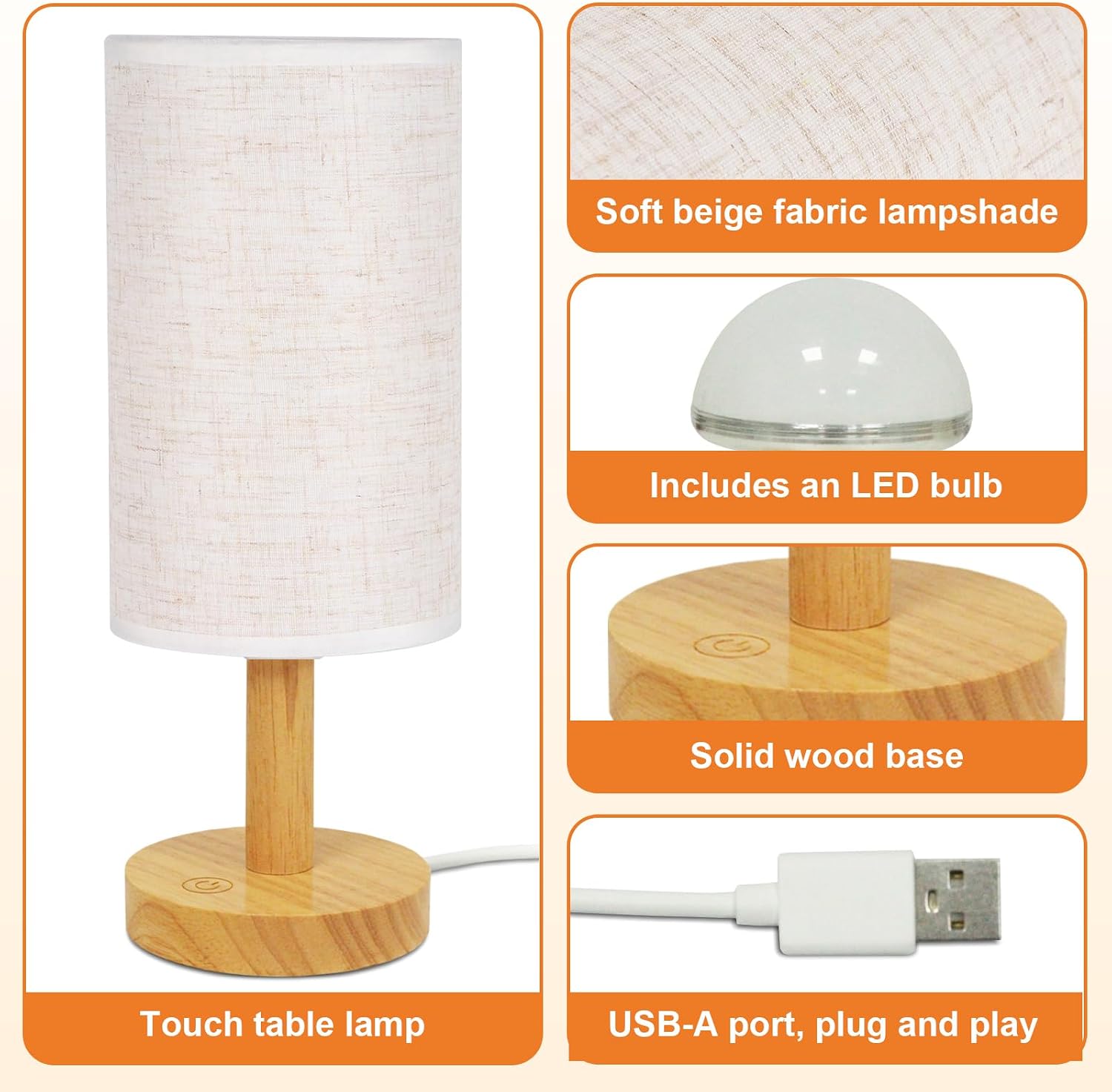 Small Touch Table Lamp with Stepless Dimming&USB Plug, Natural Round Wood Base&Linen Fabric Shade |Soft Ambient Warm Night…