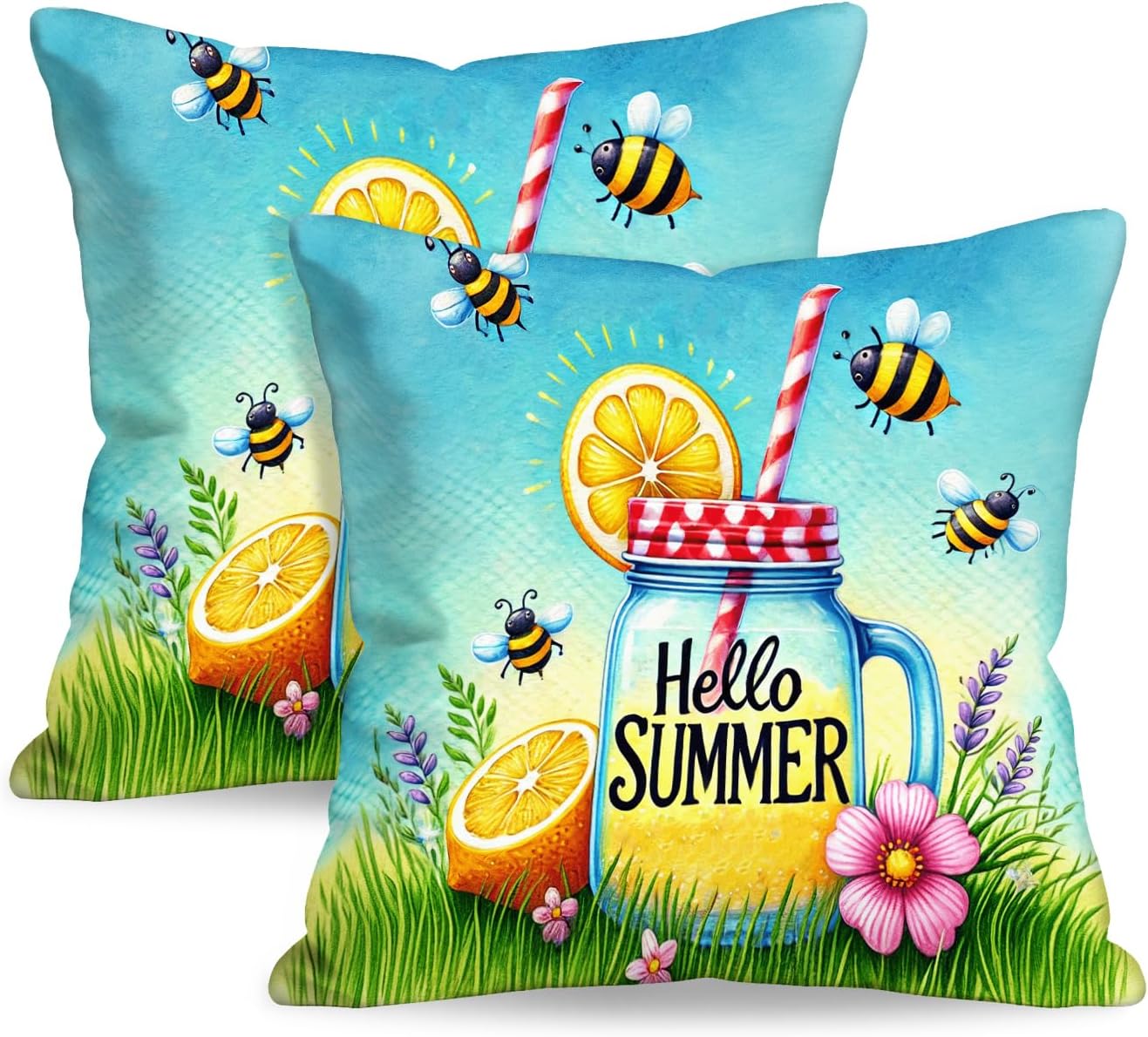 BlissYard Hello Summer Lemon Throw Pillow Covers 18x18 Set of 2 Decorative Pillow Covers Bee Lemonade Summer Cushion Covers Farmhouse…