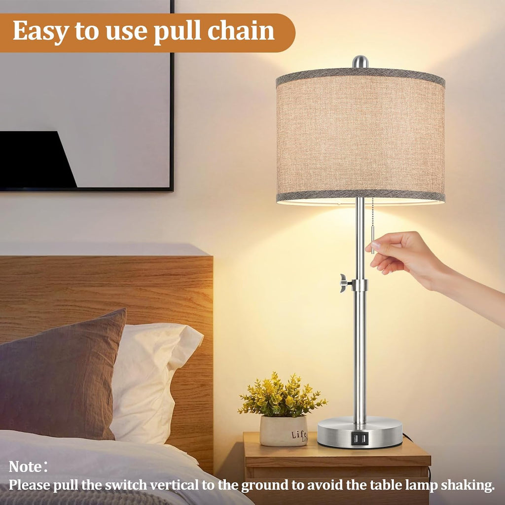 Silver Table Lamps Set of 2 for Living Room Bedroom, 23''-30'' Adjustable Height Bedside Lamps with 2 USB Ports, Industrial Nickle…
