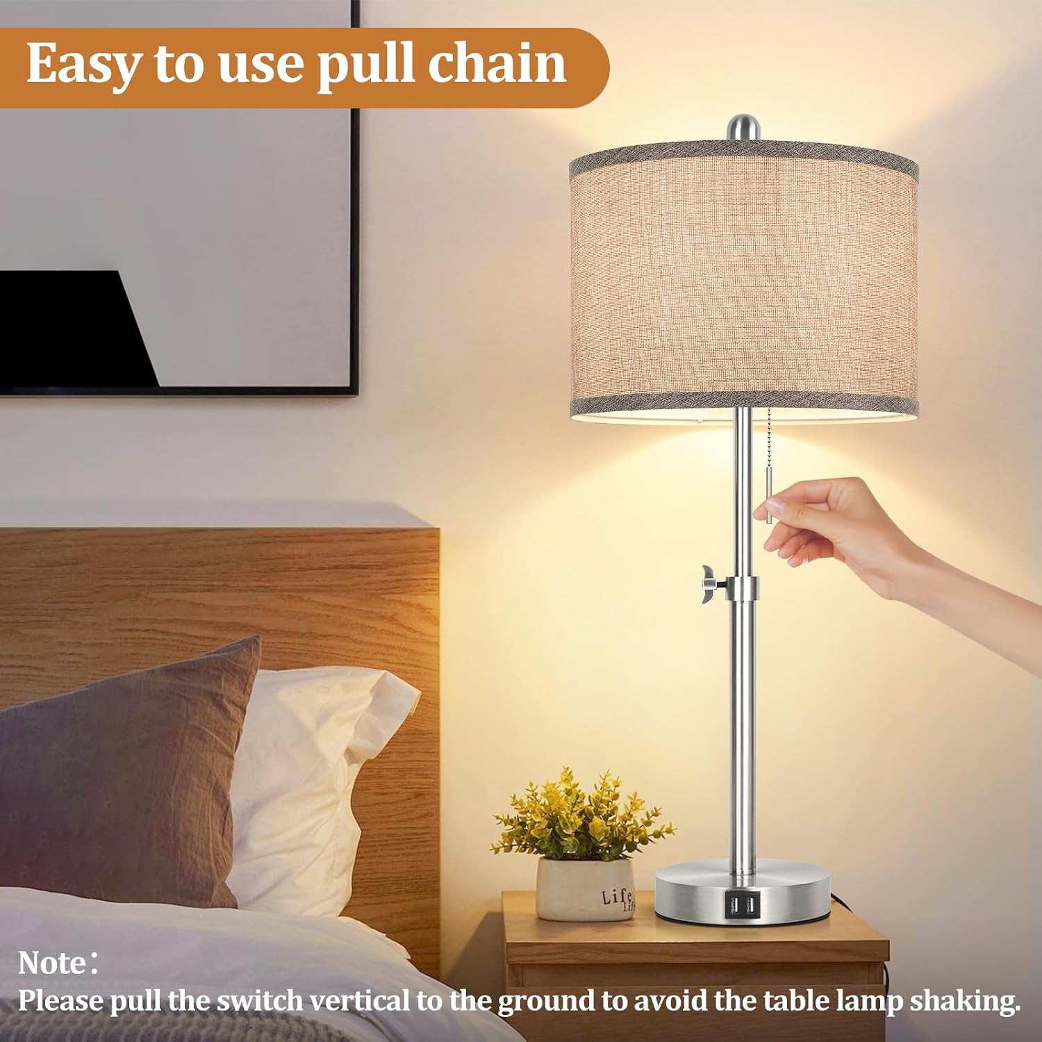 Silver Table Lamps Set of 2 for Living Room Bedroom, 23''-30'' Adjustable Height Bedside Lamps with 2 USB Ports, Industrial Nickle…