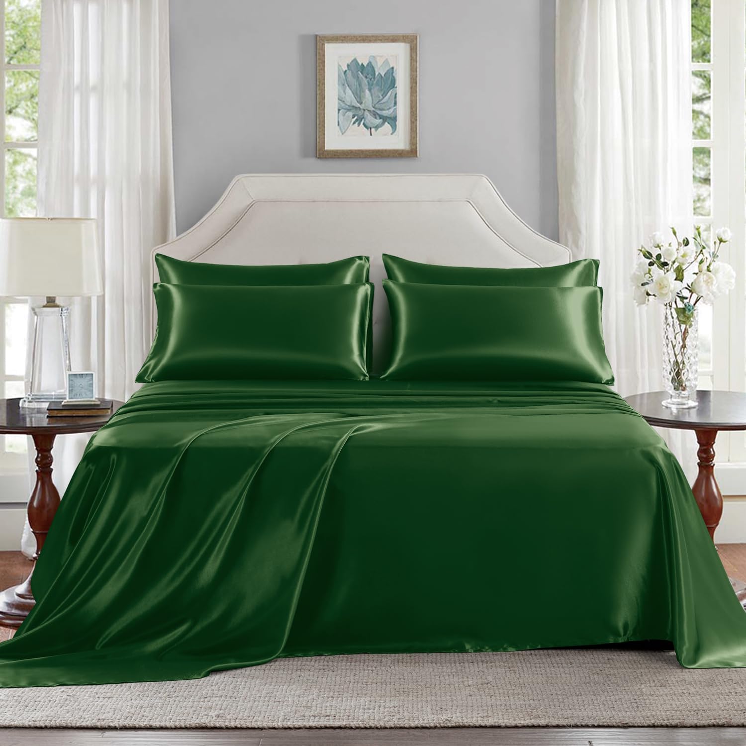Golal Satin Sheets King Size - 6 Pieces Luxury Silky Soft Bed Sheets, Wrinkle-Free Dark Green Satin Silk Sheet Set with 1 Deep Pocket Fitte…