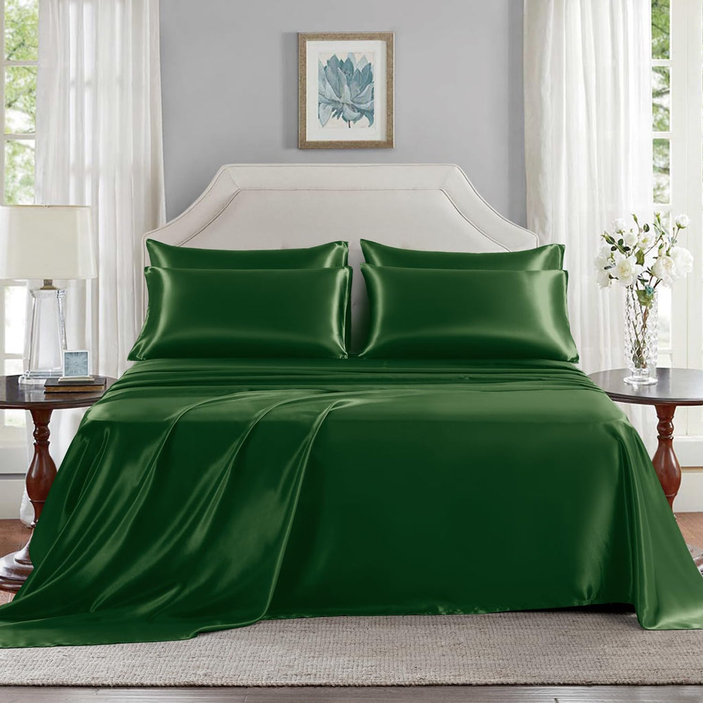Golal Satin Sheets Queen Size - 6 Pieces Luxury Silky Soft Bed Sheets, Wrinkle-Free Dark Green Satin Silk Sheet Set with 1 Deep Pocket Fitt…