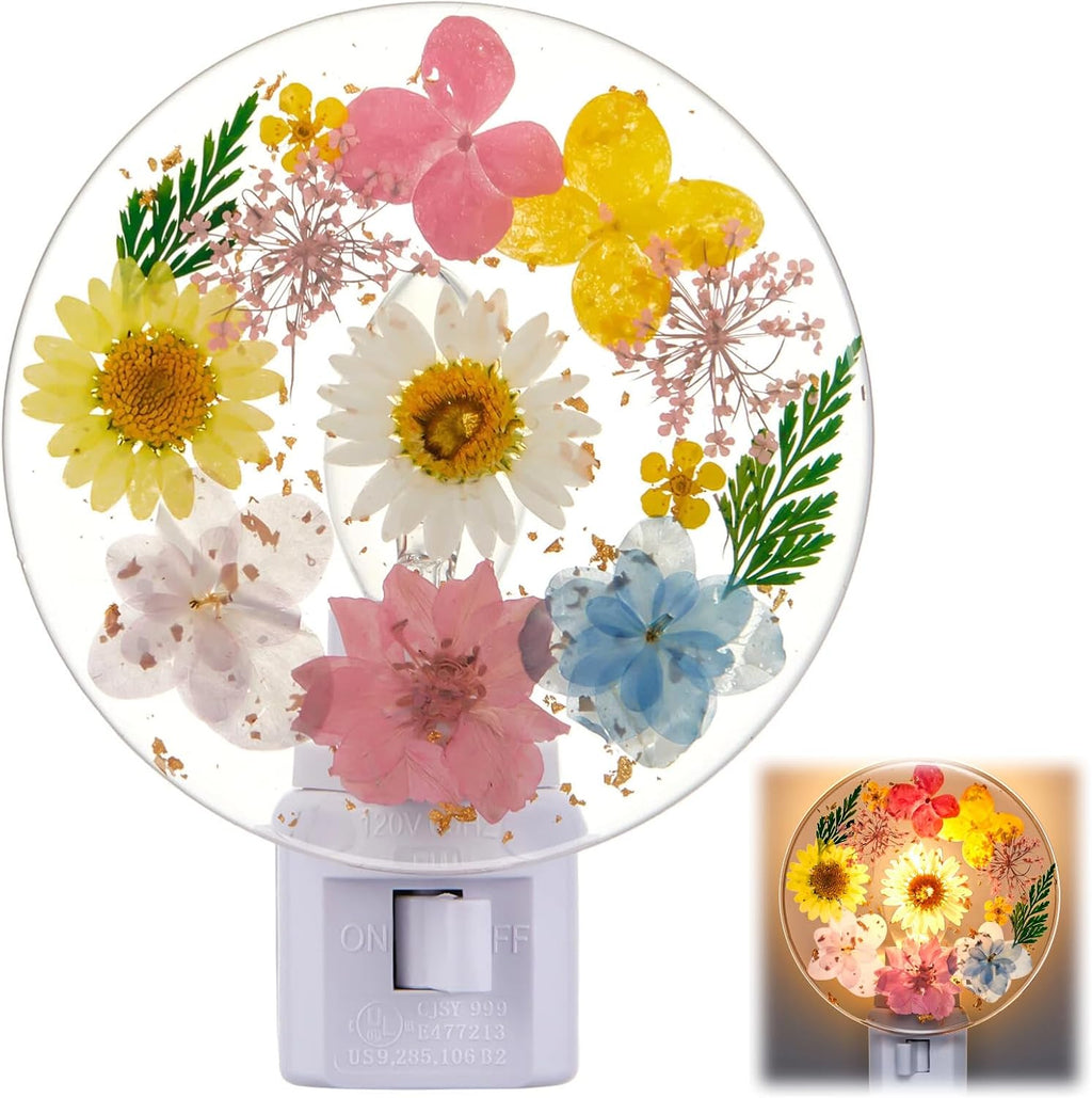 Glooglitter Pressed Flower Night Light Plug in - Handmade Dried Floral Wall Night Light, Soft Glow Decorative Nightlight for Hallway Bedroo…
