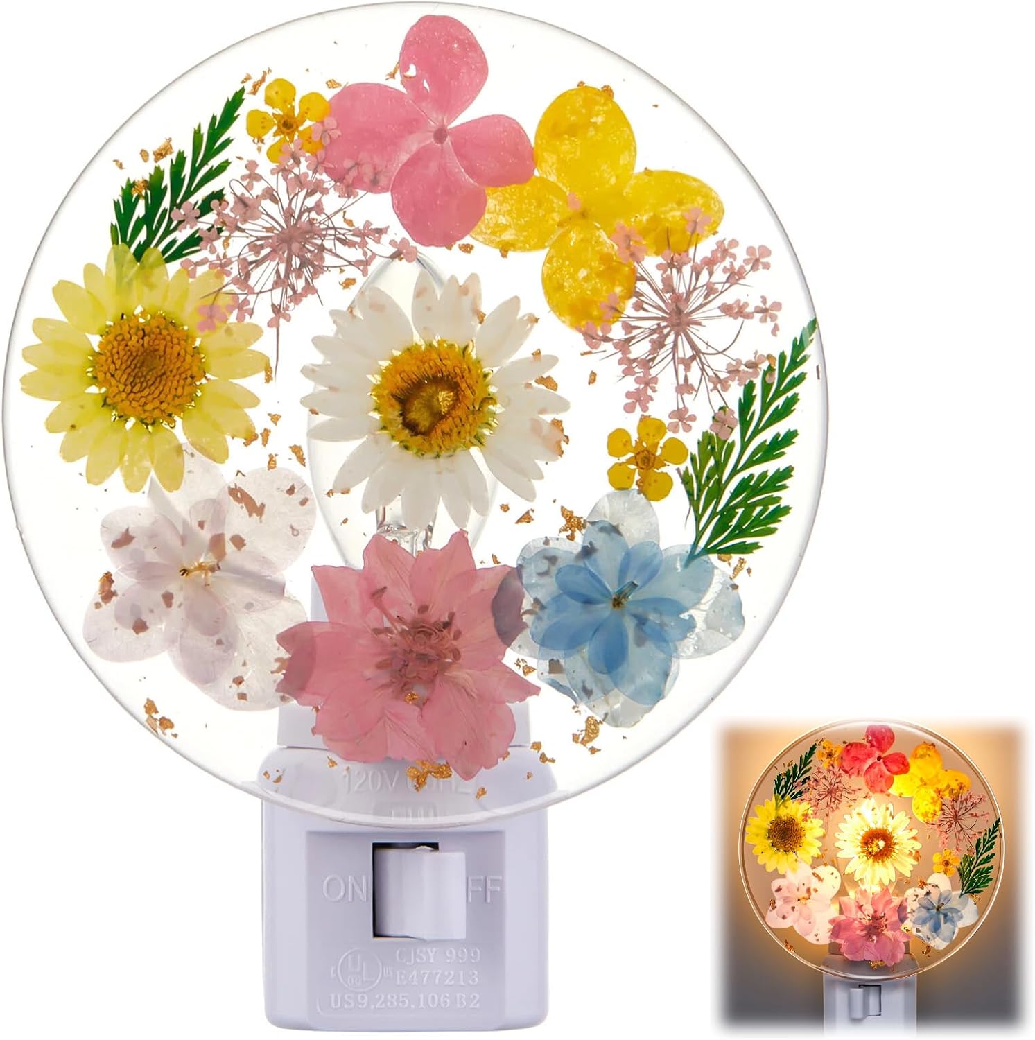 Glooglitter Pressed Flower Night Light Plug in - Handmade Dried Floral Wall Night Light, Soft Glow Decorative Nightlight for Hallway Bedroo…