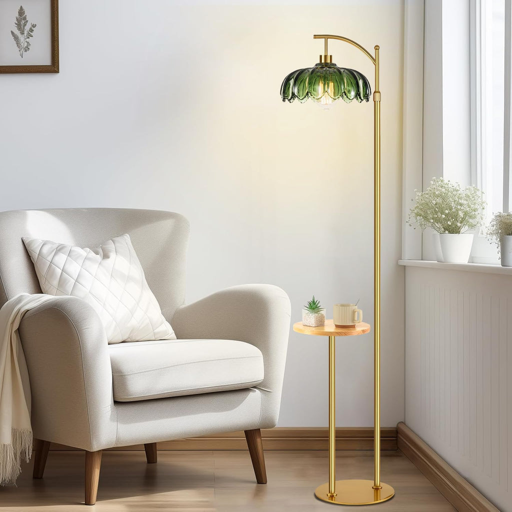 QIYIZM Glass Floor Lamp with Table and Shelves for Living Room Bedroom, Gold Standing Lamp with Remote Dimmable, Boho Brass Tall Lamp…