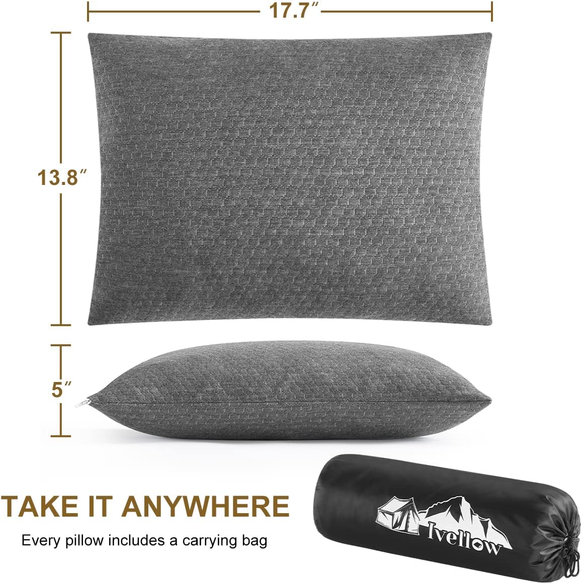 Ivellow Travel Pillow Camping Pillow for Sleeping Small Shredded Memory Foam Pillow Compressible Compact Medium Firm, Soft Breathable Cover…