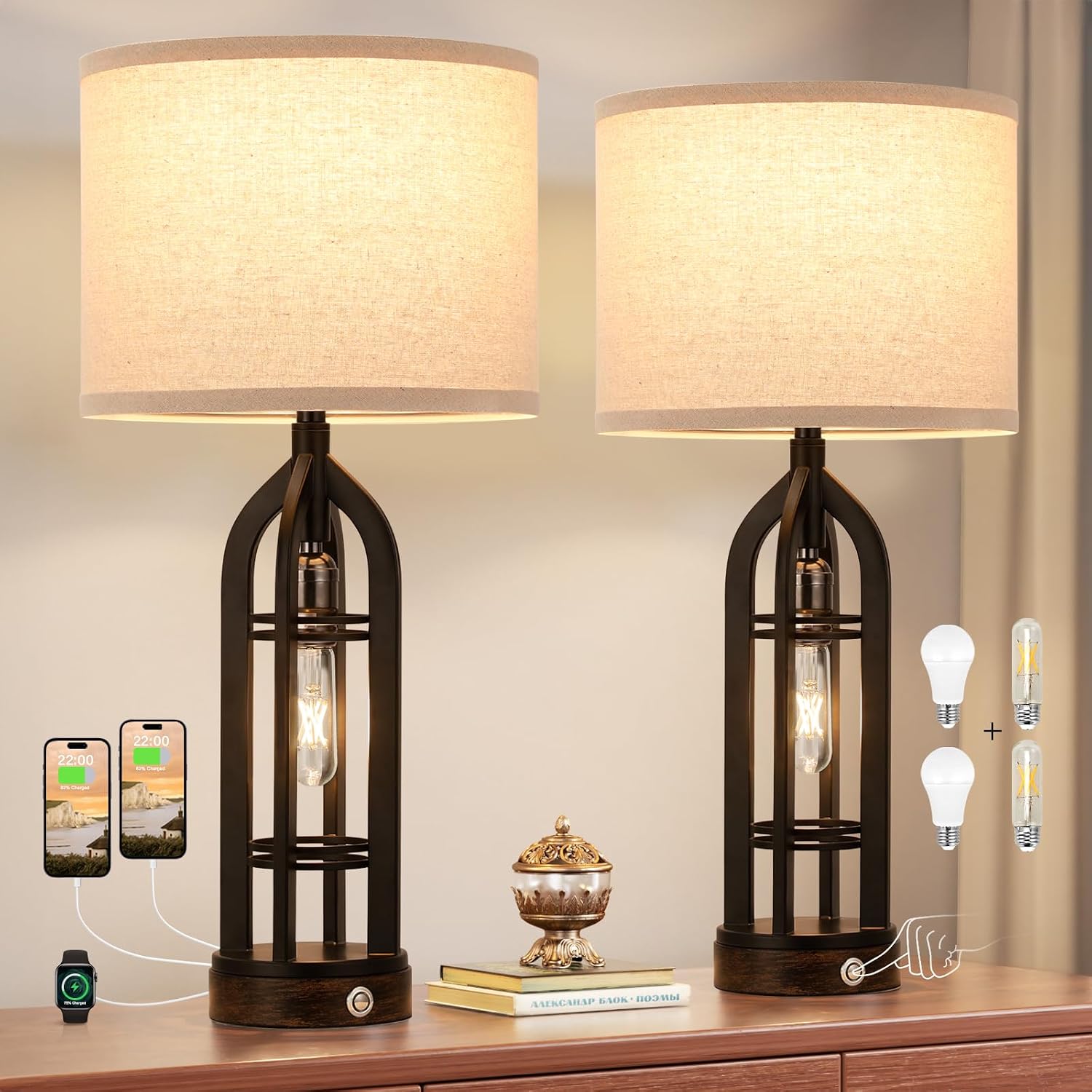 Seealle Table Lamps for Living Room Set of 2 - Black Bedside Lamp for Bedroom with USB C+A & Outlet, Farmhouse Lamps for Night Stands…