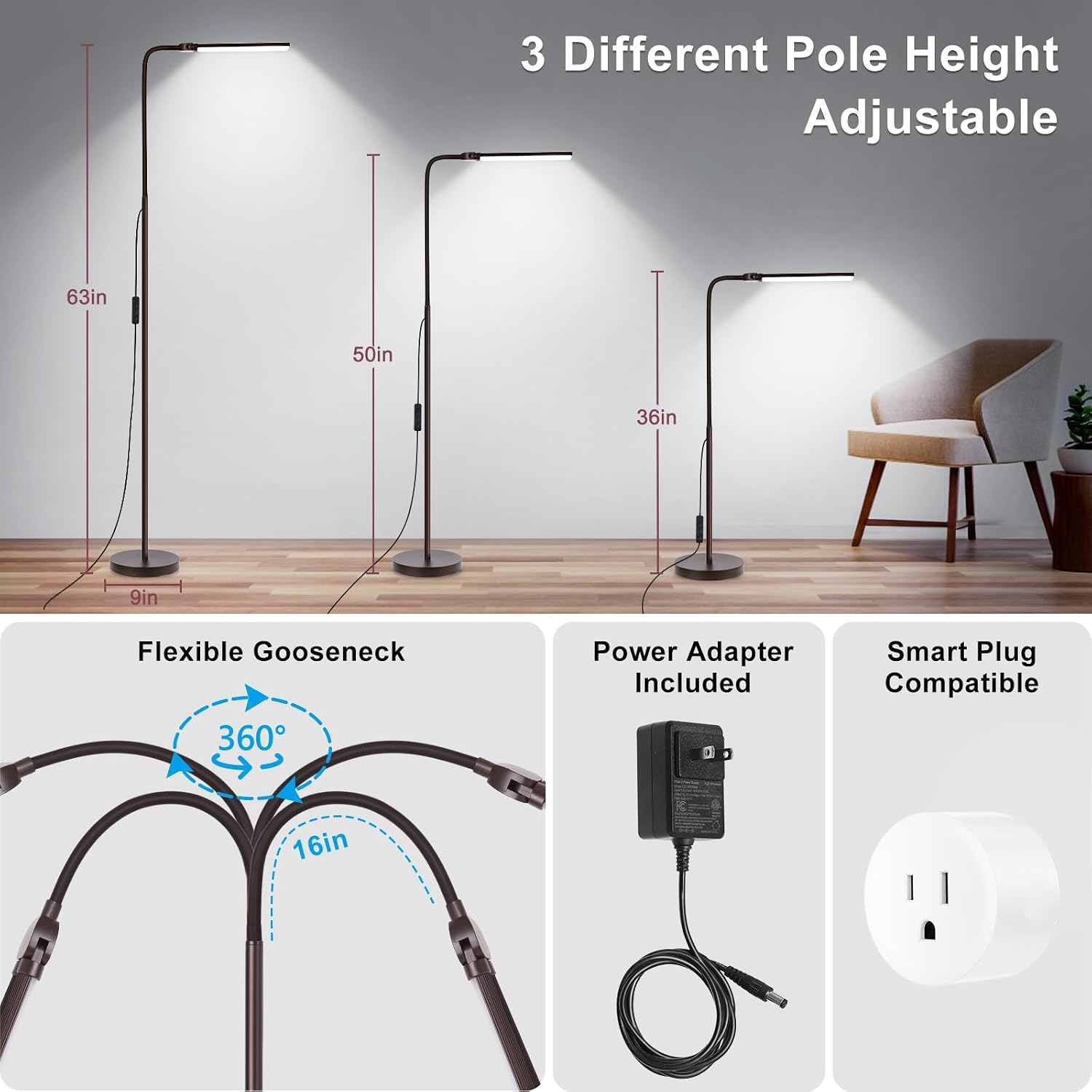 Floor Lamp, 18W/2000LM Bright LED Floor Lamp with Double Head, Adjustable Gooseneck Dimmable Craft Light for Sewing Tatoo Makeup, Eye…