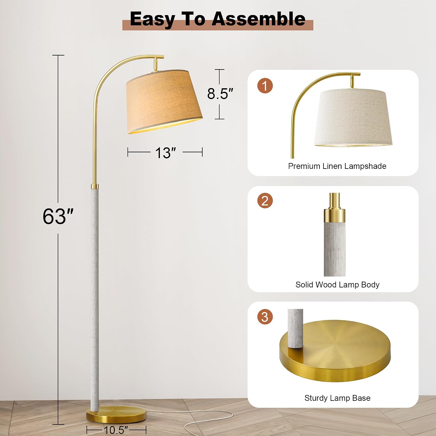 G-SAFAVA 63" Wood Floor Lamps for Living Room with Foot Switch Arc Tall Standing Lamp for Bedroom Mid Century Modern Corner Gold Floor…