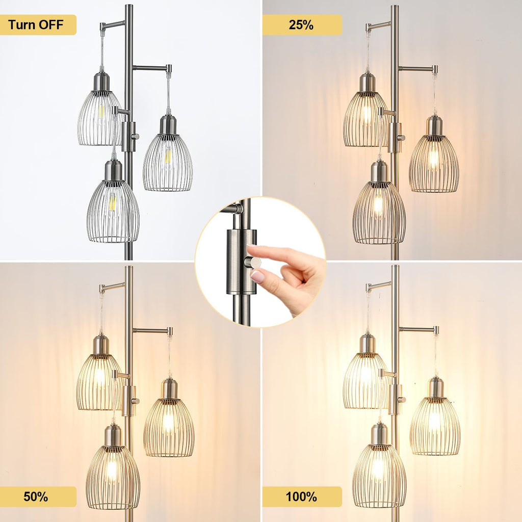 Nintiue Dimmable Floor Lamp, 3 x 800LM LED Edison Bulbs Included, Industrial Floor Lamp Standing Tree Lamp with Elegant Teardrop Cage…
