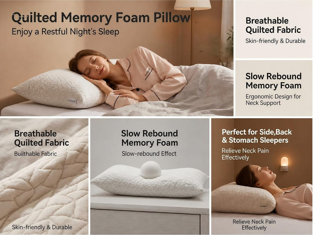 Memory Foam Pillows for Sleeping Adjustable Bamboo Blend Breathable Bed Pillow for Side, Back, and Stomach Sleepers Washable Pillow Cover…