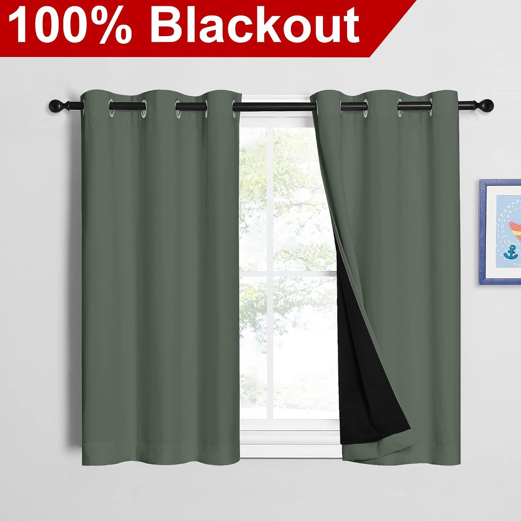 Nicetown Dark Mallard 100% Blackout Curtains 45 inches Long, 2 Thick Layers Completely Blackout Window Treatment Thermal Insulated Lined Dr…