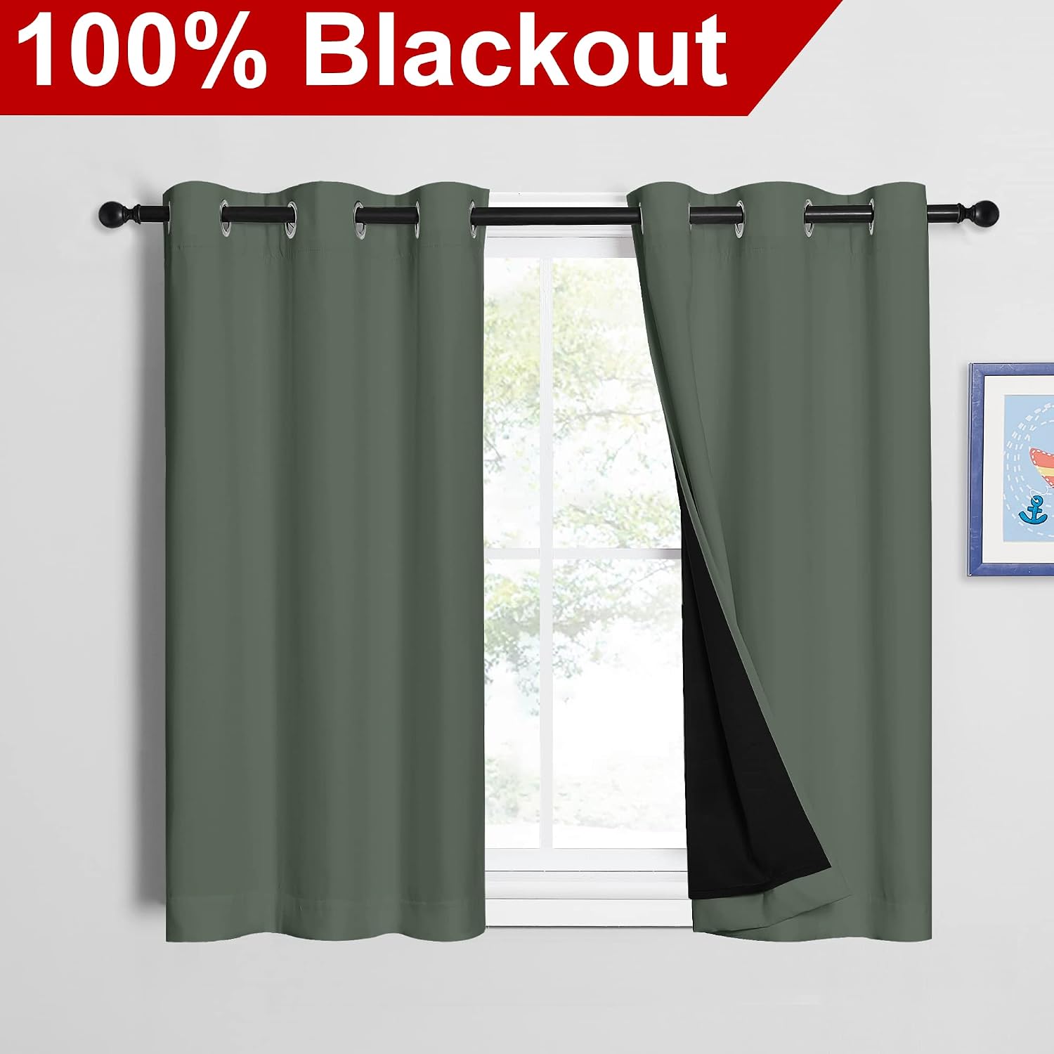 Nicetown Dark Mallard 100% Blackout Curtains 45 inches Long, 2 Thick Layers Completely Blackout Window Treatment Thermal Insulated Lined Dr…