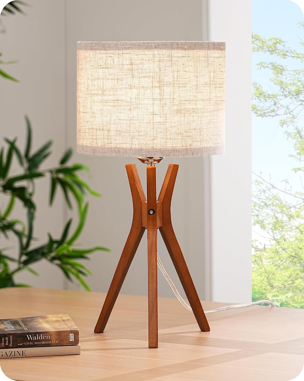 Edishine Mid Century Table Lamp, 17.5" Tripod Bedside Lamp with Deep Wood Color Light Base & Beige Linen Lampshade, Nightstand Lamp for Bed…
