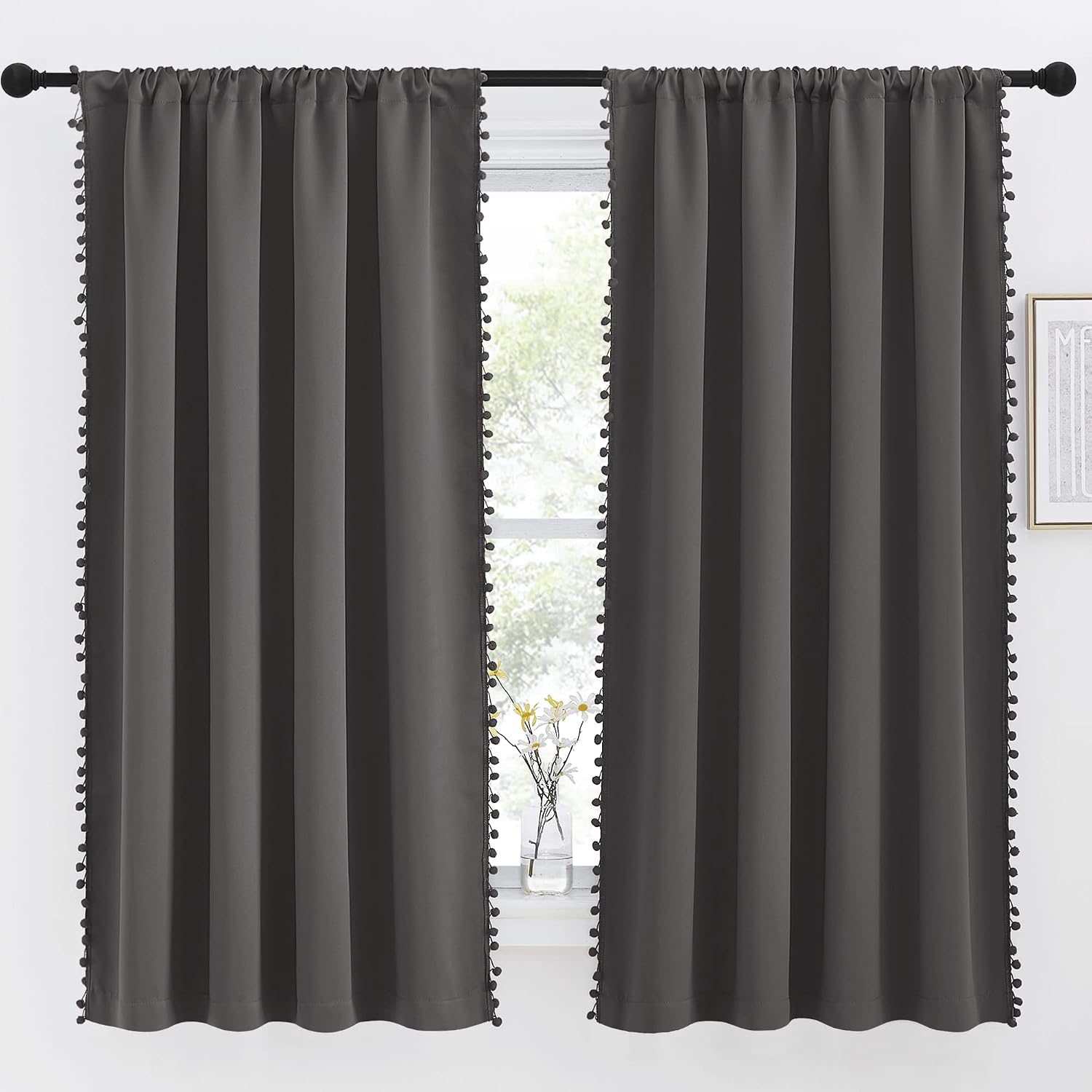NICETOWN Kids Blackout Curtains with Pom Pom Tassel Rustic Rod Pocket Bohemian Curtains for Living Room Thermal Insulated Curtain Drapes…