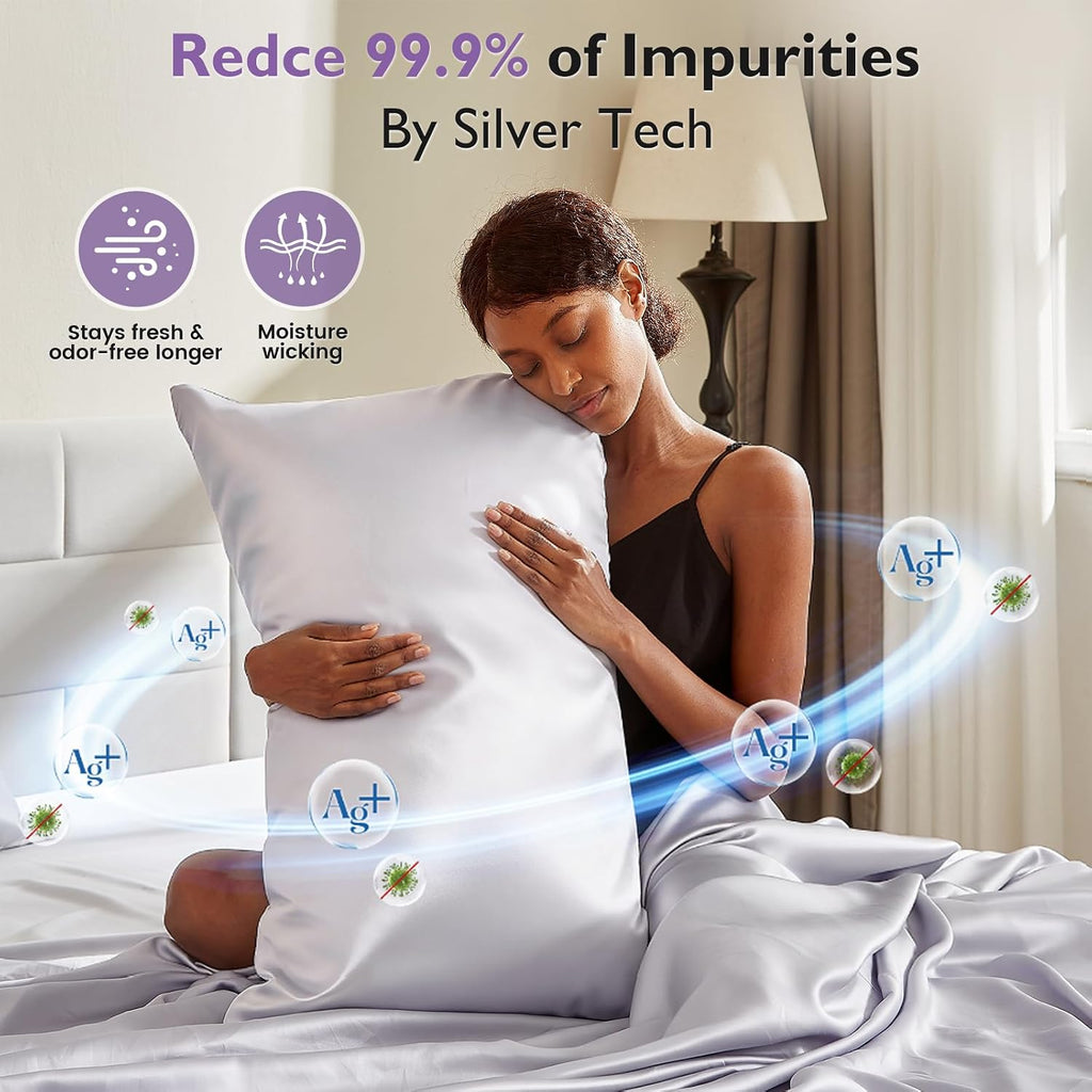 DLEECP Silver Infused Pillowcases – Cooling Pillow Cases with Silk, Softness Breathable Temperature-Regulating Pillow Cover, Odor Co…