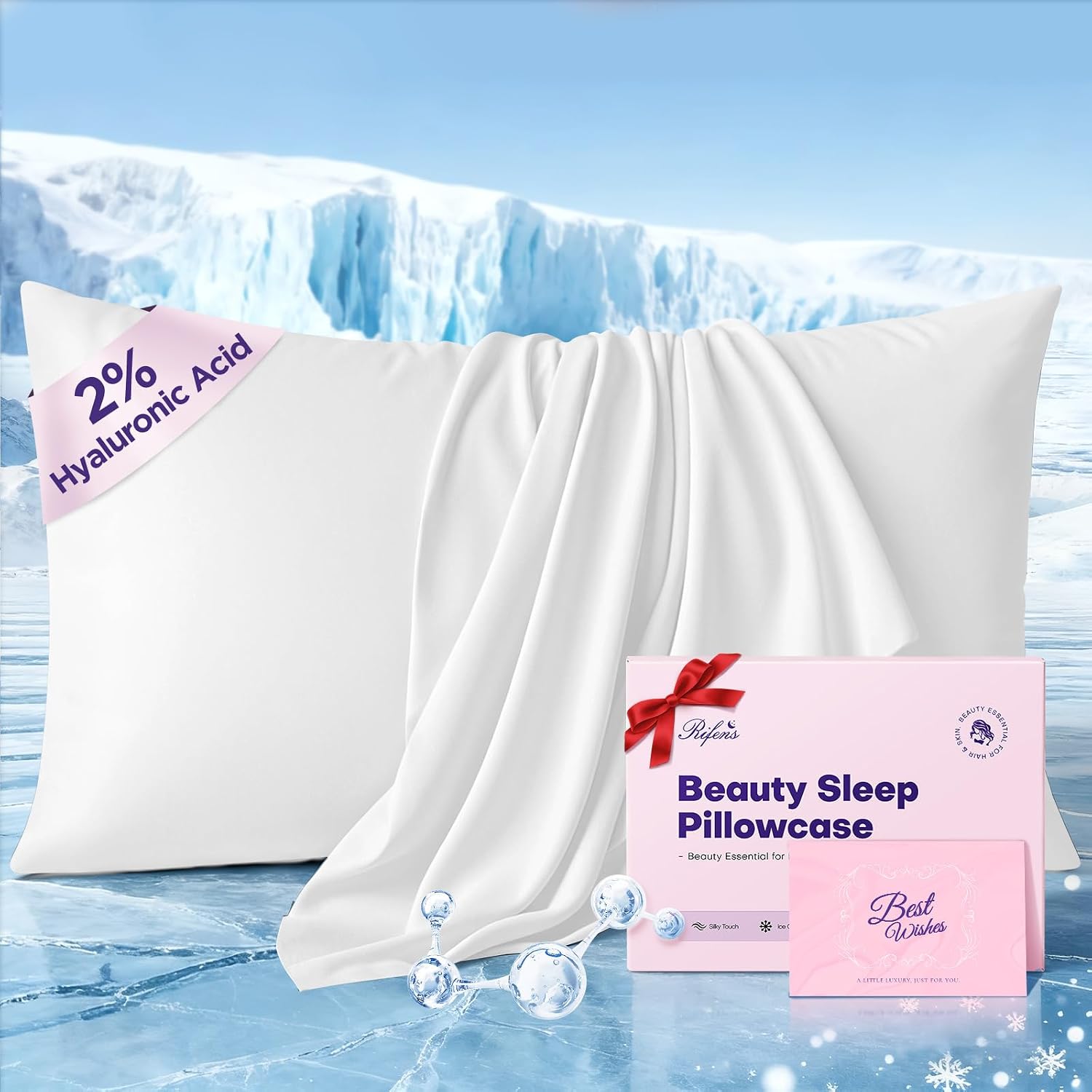Rifens Instant Chill Cooling Pillowcase for Hot Sleepers, 2% HA Infused Pillowcase Hydrates Skin & Hair, Reduces Wrinkles & Frizz, Softer T…