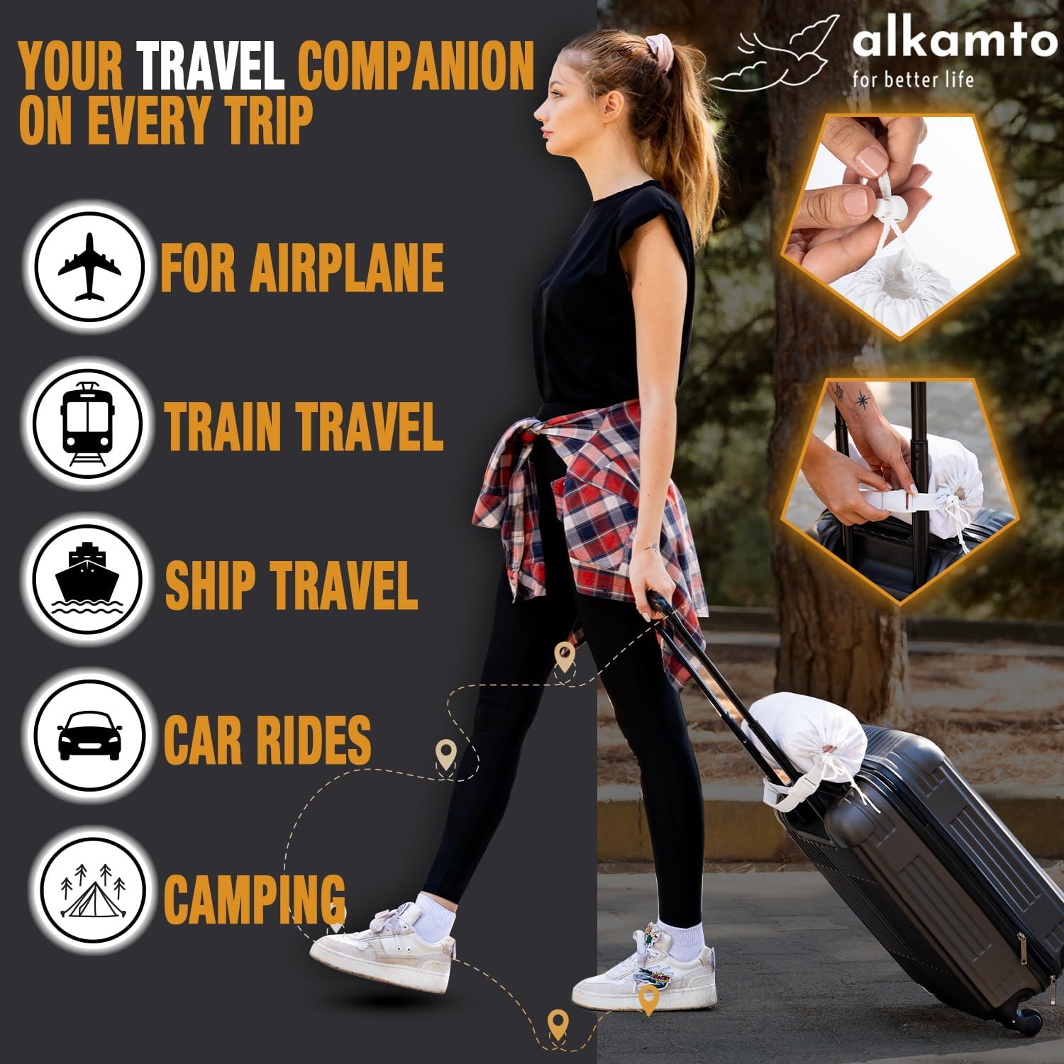 alkamto Travel & Camping Comfortable Memory Foam Pillow – Easy to Carry Portable Bag – Temperature Regulating Pillow Case (Pink + Extra…