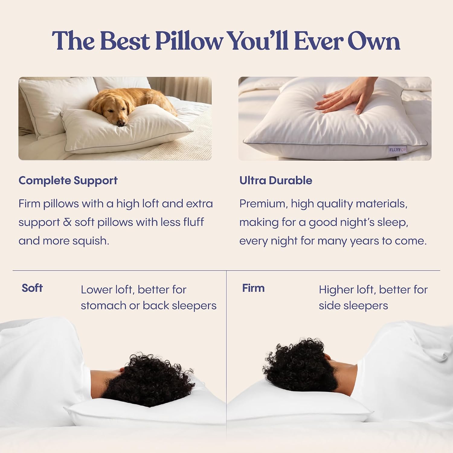 FluffCo Basics Down Alternative Bed Pillows - Cooling Cotton Shell with Supportive Gel-Fiber Fill - Pillows for Side, Back, and Stomach Sle…
