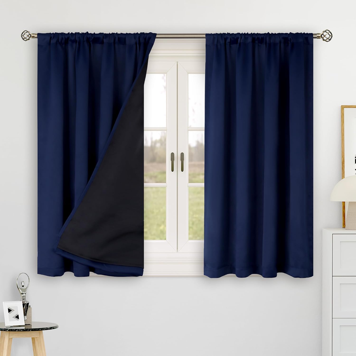 BGment Navy Blue 100% Blackout 48 Inch Curtains for Small Window, Rod Pocket and Back Tab Double Layer Black Out Thermal Insulated Room…