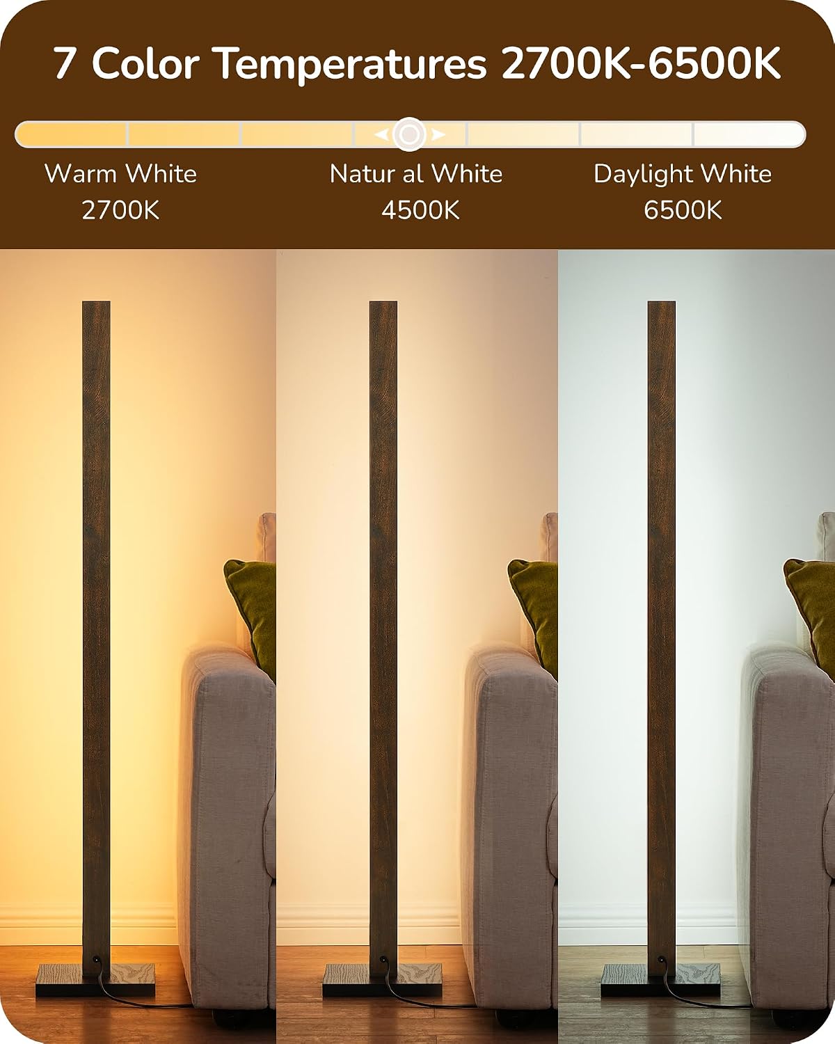 Edishine Wooden LED Corner Floor Lamp, Modern Standing Light with Remote, Minimalist Dimmable Floor Lamps for Living Room, Bedroom, Office,…