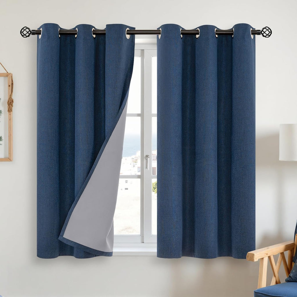 YoungsTex Navy Blue Linen Blackout Curtains 45 Inch Length for Bedroom, Short Thermal Insulated Drapes with Grommet Darkening Privacy for L…