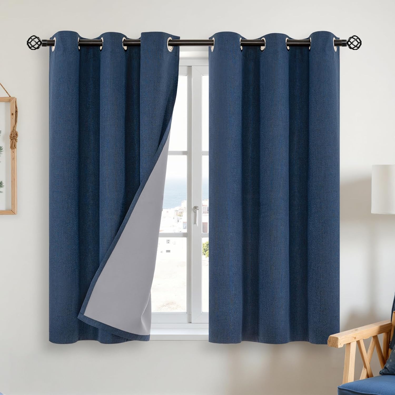 YoungsTex Navy Blue Linen Blackout Curtains 45 Inch Length for Bedroom, Short Thermal Insulated Drapes with Grommet Darkening Privacy for L…