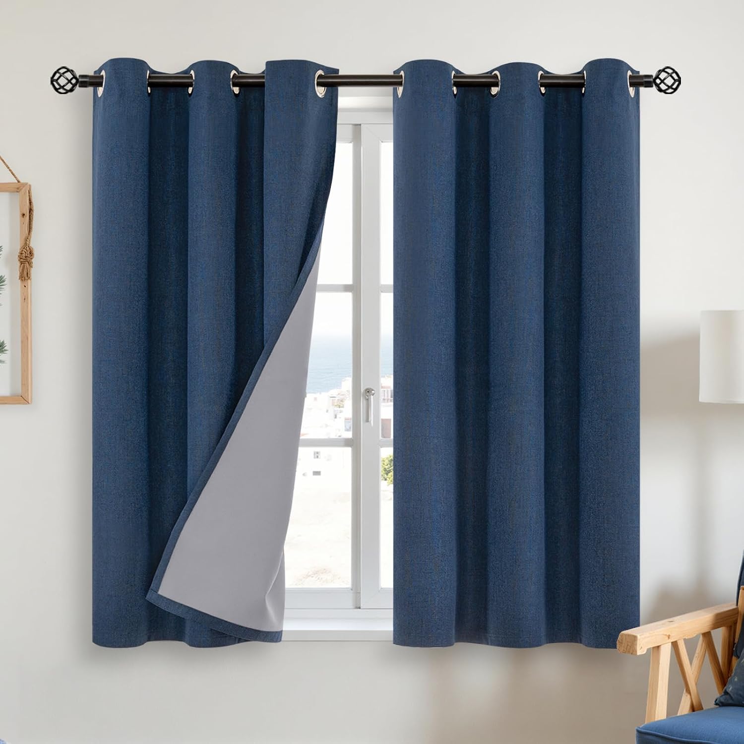 YoungsTex 54 Inch Length Linen Blackout Curtains for Bedroom, Navy Blue Thermal Insulated Drapes with Grommet Privacy Protection for Living…