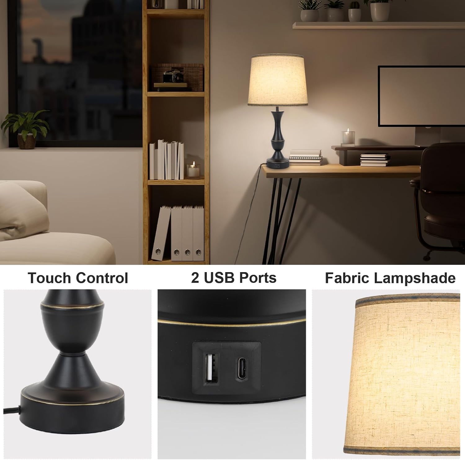 LALISU Touch Lamps for Bedrooms Set of 2, Farmhouse Table Lamp with USB C Charging Port, 3 Way Dimmable Nightstand Lamps with Linen…