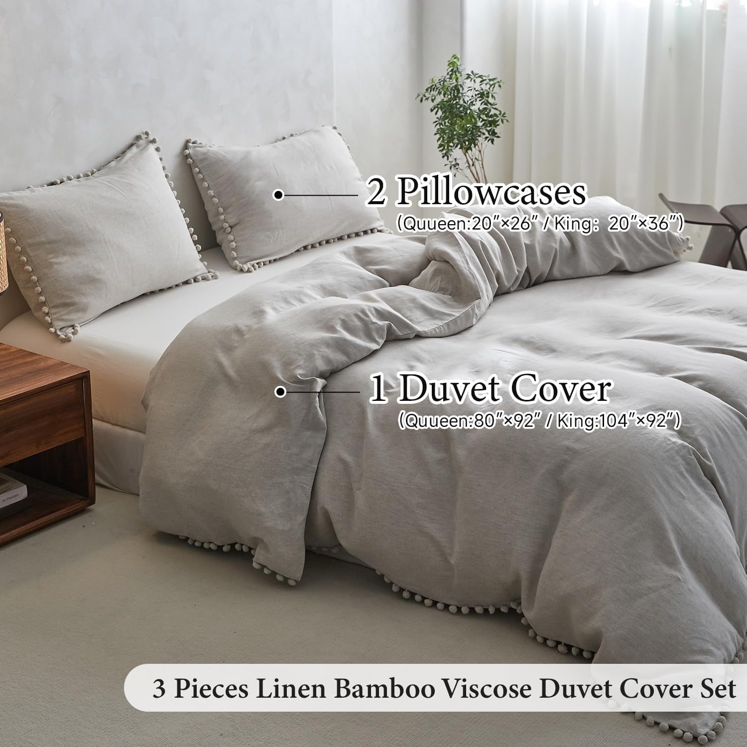 Simple&Opulence French Linen Blended Duvet Cover Queen, Flax Viscose Derived from Bamboo Bedding Set with Pom Pom Trim Soft Cooling for…