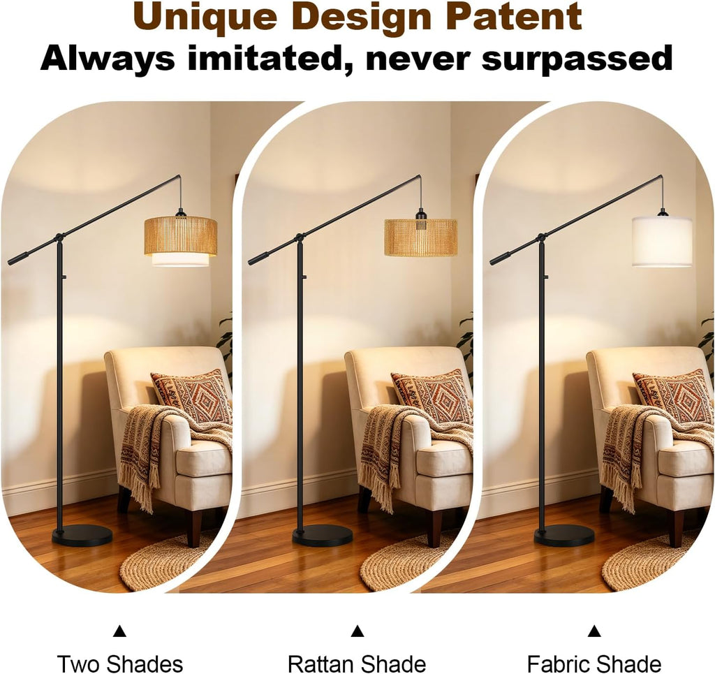 Upgraded】Boho Dimmable Floor Lamps with Adjustable Swing Arm, 1100 Lumens Bulb Included, Modern Arc Standing Lamp with Rattan & Fabric…