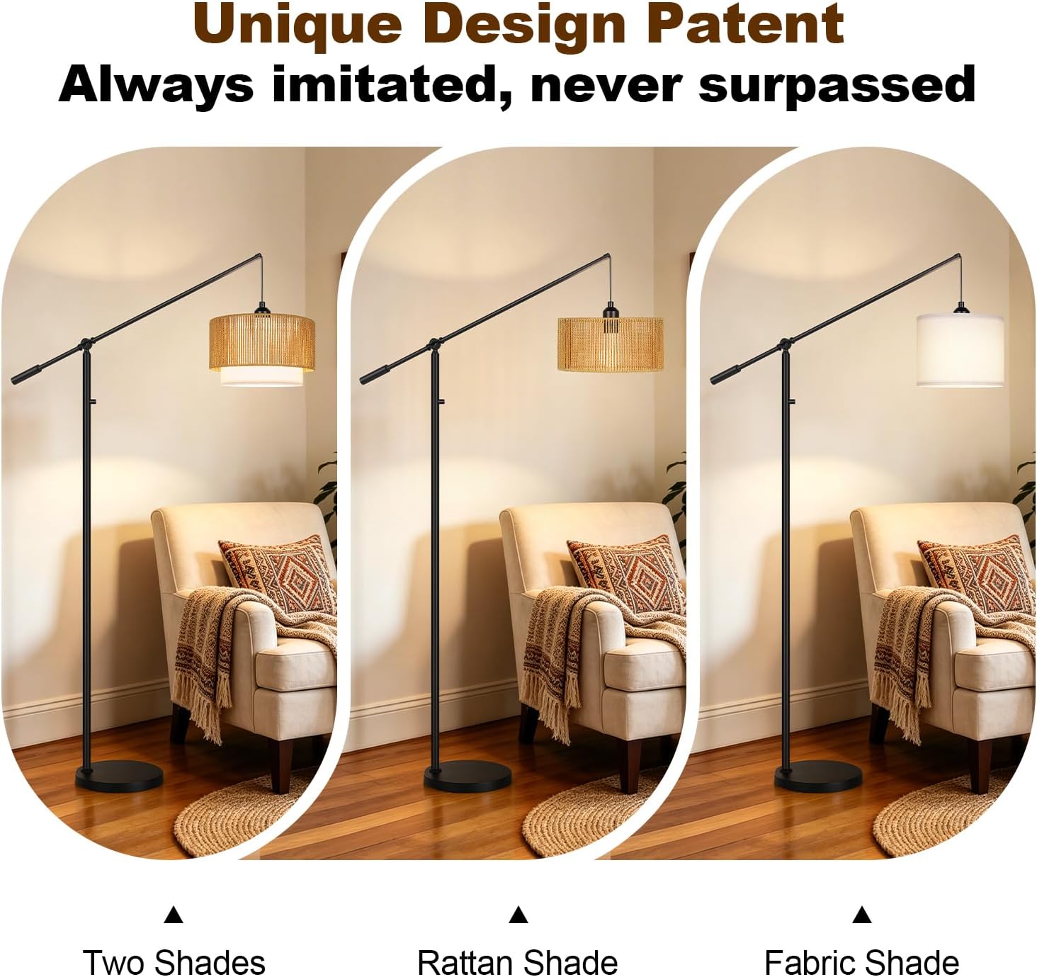 Upgraded】Boho Dimmable Floor Lamps with Adjustable Swing Arm, 1100 Lumens Bulb Included, Modern Arc Standing Lamp with Rattan & Fabric…