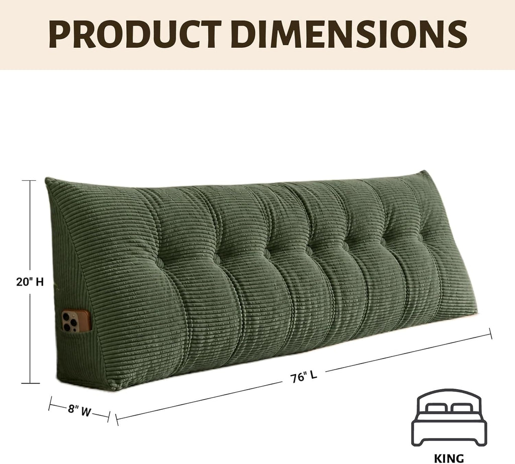 Wedge Reading Pillow Headboard King Size, Headboard Bolster Pillow for Bed, Triangular Backrest Cushion with Removable Corduroy Cover, Green