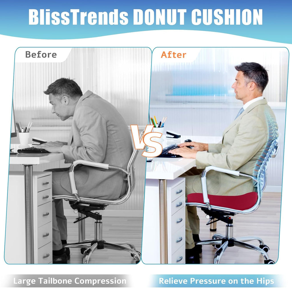 BlissTrends Donut Pillow Seat Cushion, Donut Chair Cushions for Postpartum Pregnancy & Hemorrhoids, Tailbone Cushion, Memory Foam Lifting C…