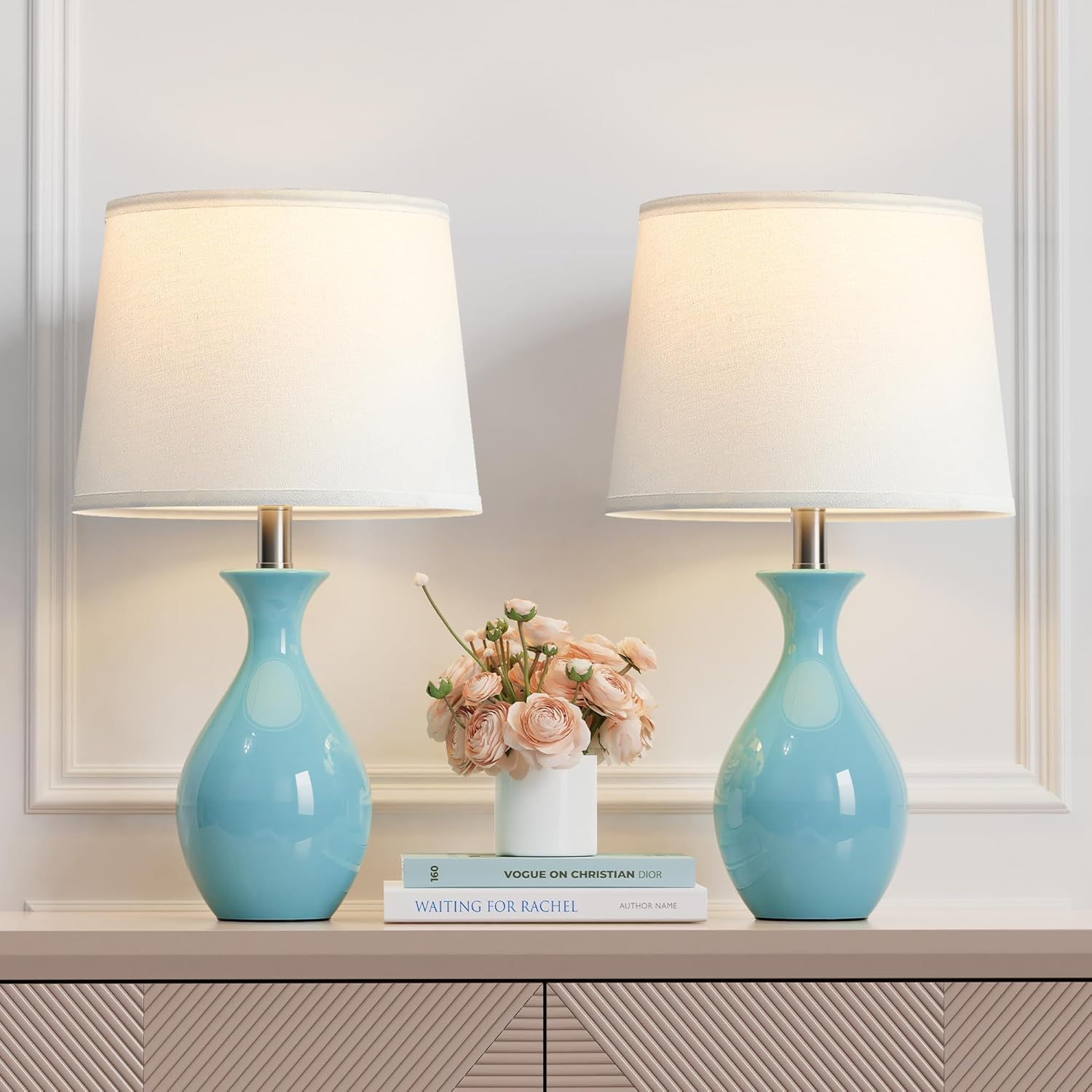 PARTPHONER Table Lamp Set of 2, Modern Ceramic Bedside Lamps for Night Stands, Classic Small Lamp Nightstand Lamp for Bedroom Living Room…