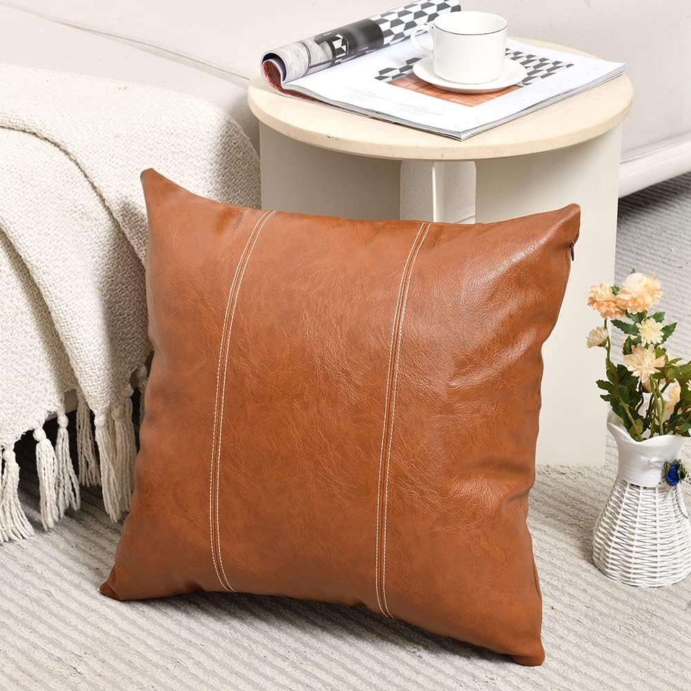 Fancy Homi Brown Boho Faux Leather Decorative Throw Pillow Covers 16x16 Inch for Living Room Couch Bed, Hand Stitched Accent Square…