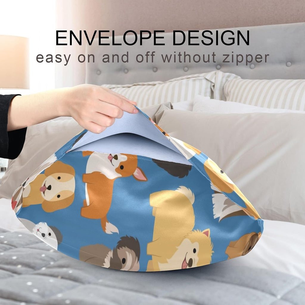 Dogs Cute Blue Print Pillow Covers Silk Pillowcase for Hair and Skin Soft Breathable Smooth Cooling Satin Pillowcase King Size Pillow…