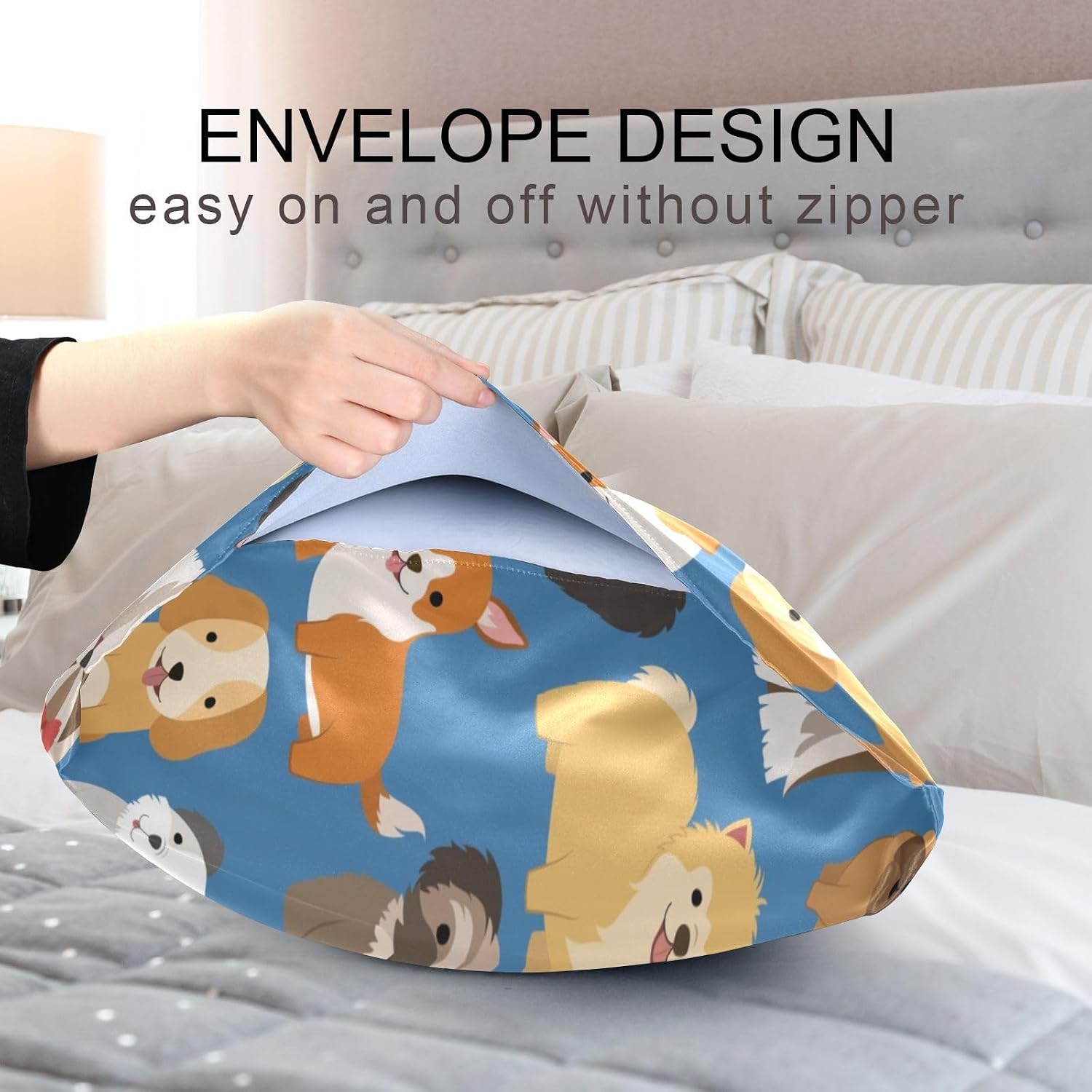 Dogs Cute Blue Print Pillow Covers Silk Pillowcase for Hair and Skin Soft Breathable Smooth Cooling Satin Pillowcase King Size Pillow…