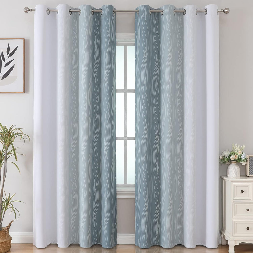 Estelartextiler Estelar Textiler Stone Blue and Greyish White Blackout Curtains 84 Inches Long, Full Room Darkening Grommet Curtains for Bed…